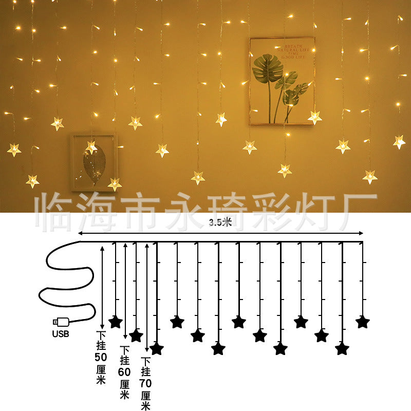 Cross-border new LED star curtain lights, ice bar lights, light strings, moon pendant, five-pointed star flashing lights, colorful lights