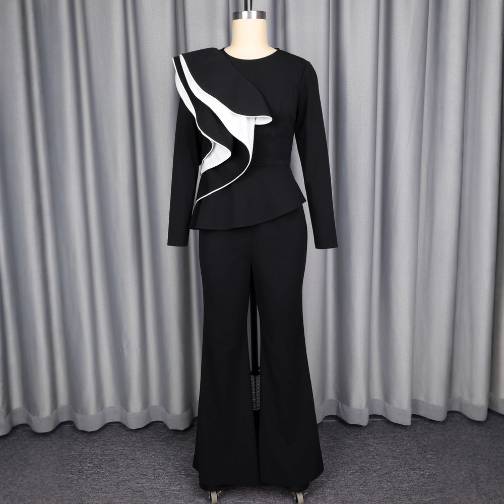 European and american color block ruffle trim long sleeve slim fit top and flare pant two-piece set