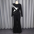 European and american color block ruffle trim long sleeve slim fit top and flare pant two-piece set