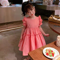 Girls'  tiktok new summer fashionable solid color princess dress with puff sleeves, hollow-out heart design, and bow detail