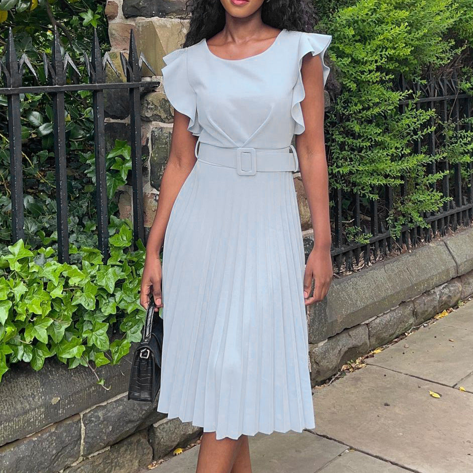 D270 with belt  summer independent station foreign trade ruffle sleeve round neck waist pleated cross-border fashion dress