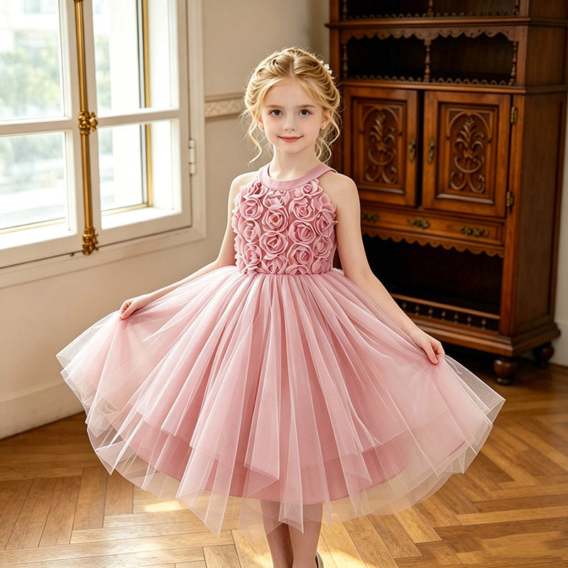 girls' dress irregular hem sleeveless halter neck 3d embroidered dance costume kids princess dress - in stock