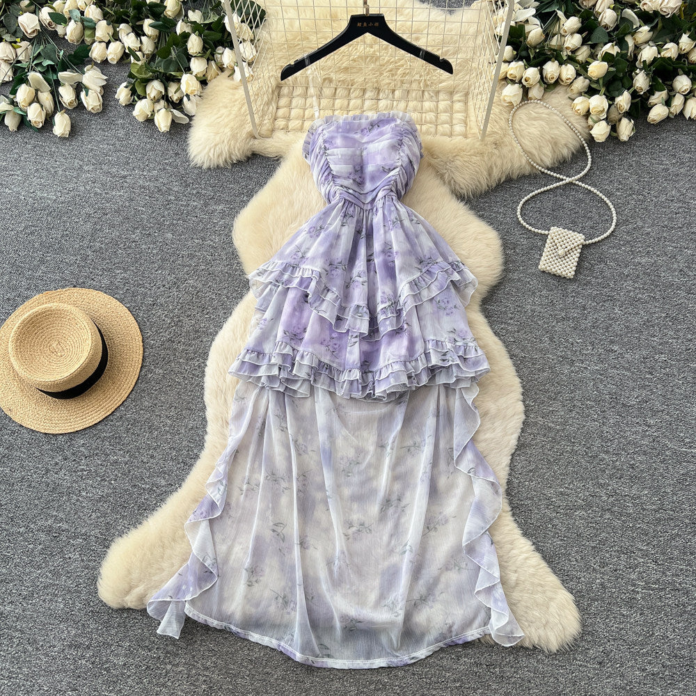 French riviera style printed bandeau dress - women's summer princess style sweet ruffle tiered fairy dress