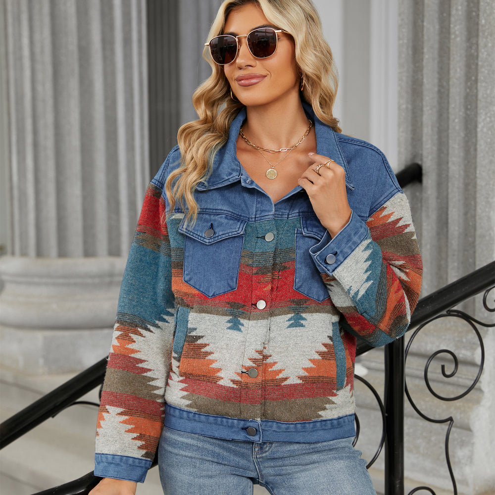 European and american cross-border e-commerce women's apparel:  independent store autumn new arrival - washed color block denim jacket, cropped top