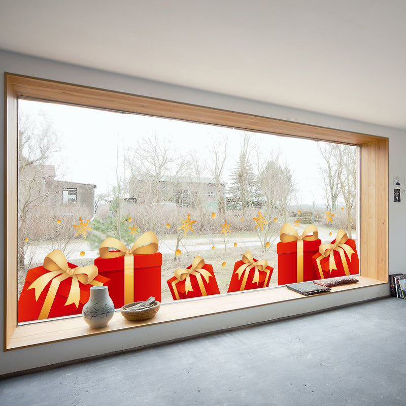 New Year's Day shopping mall window decorations Christmas gift box glass sticker gold snowflake static sticker