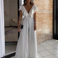 C8574 cross-border women's fashion  new deep v-neck high-waisted sexy ruffle pleated wide-leg jumpsuit (european & american style)