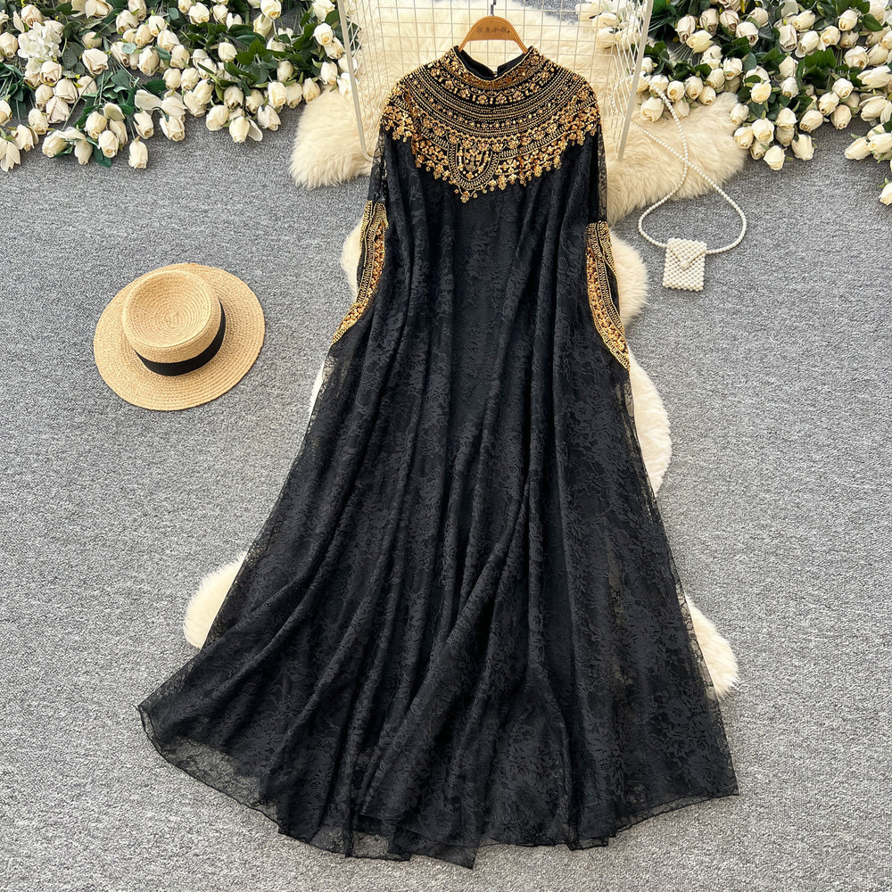 Classy sense outer wear heavy work embroidered beads sequinlacedress women's autum light mature style elegant large version skirt blouse skirt