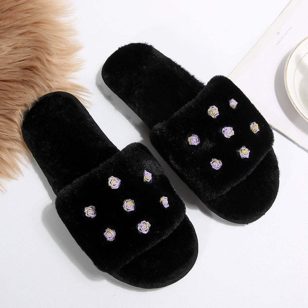 amazon ins one-word cotton slippers winter home plush slippers women's indoor and outdoor rose flower furry slippers