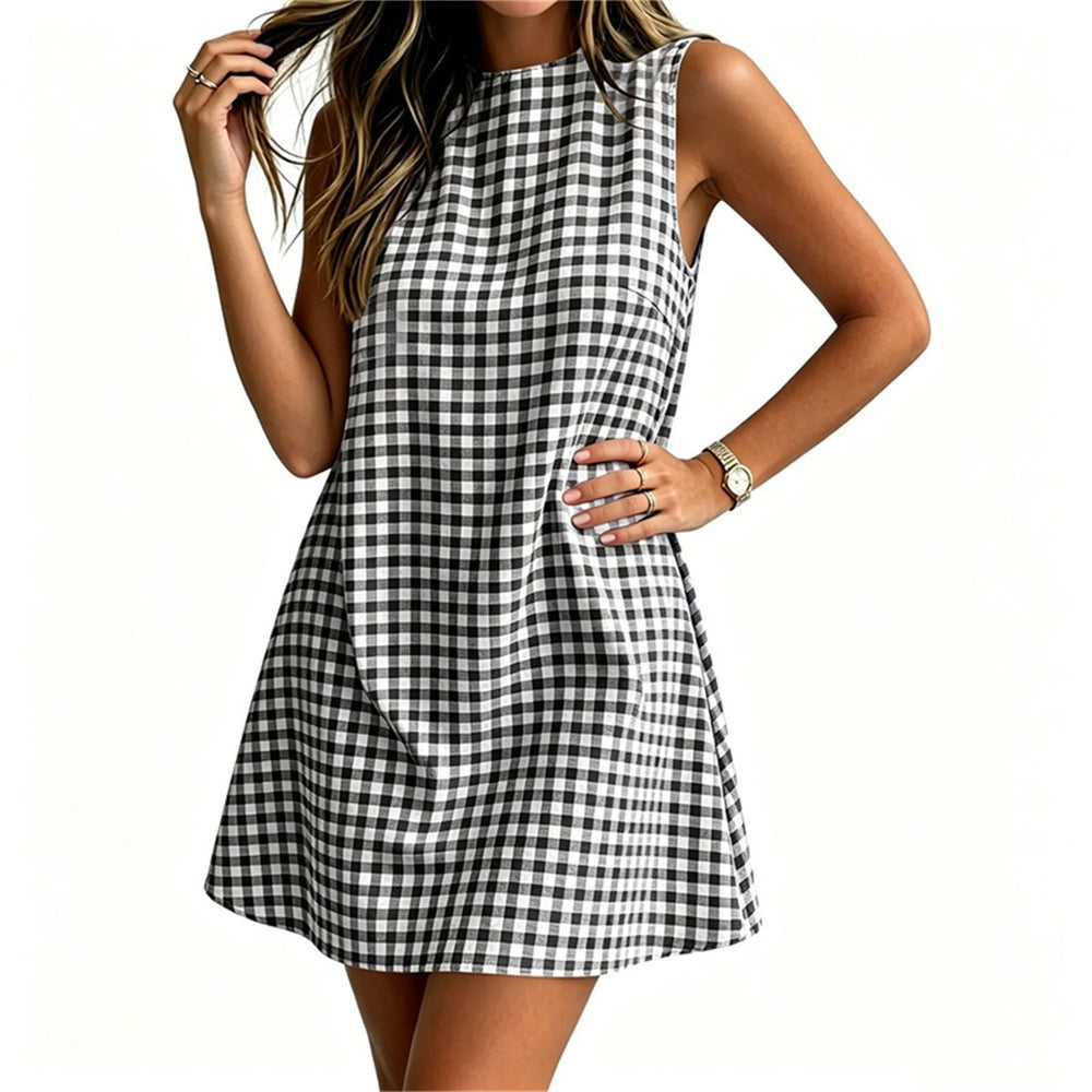 european and american cross-border  summer new women's plaid round neck sleeveless back zipper casual dress