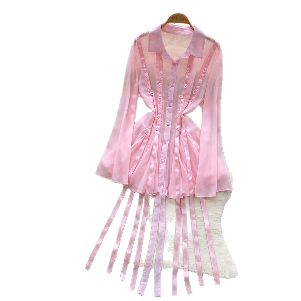 Korean style sweet pink a-line dress with ribbon detail - women's summer flirty sequin tie-waist slimming elegant dress