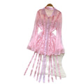 Korean style sweet pink a-line dress with ribbon detail - women's summer flirty sequin tie-waist slimming elegant dress