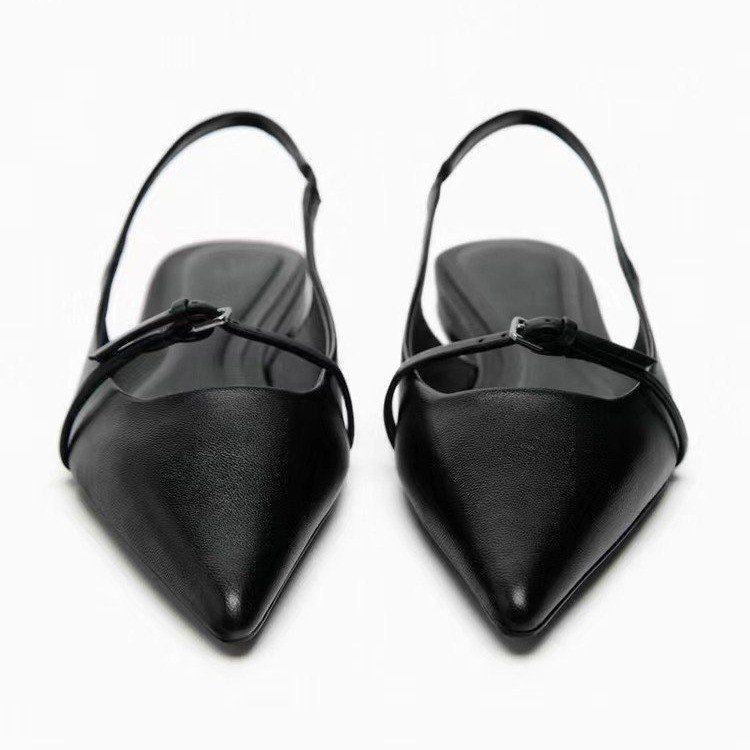 Summer new korean style women's black pointed-toe peep-toe ankle strap open-back french minimalist casual sandals, size 42