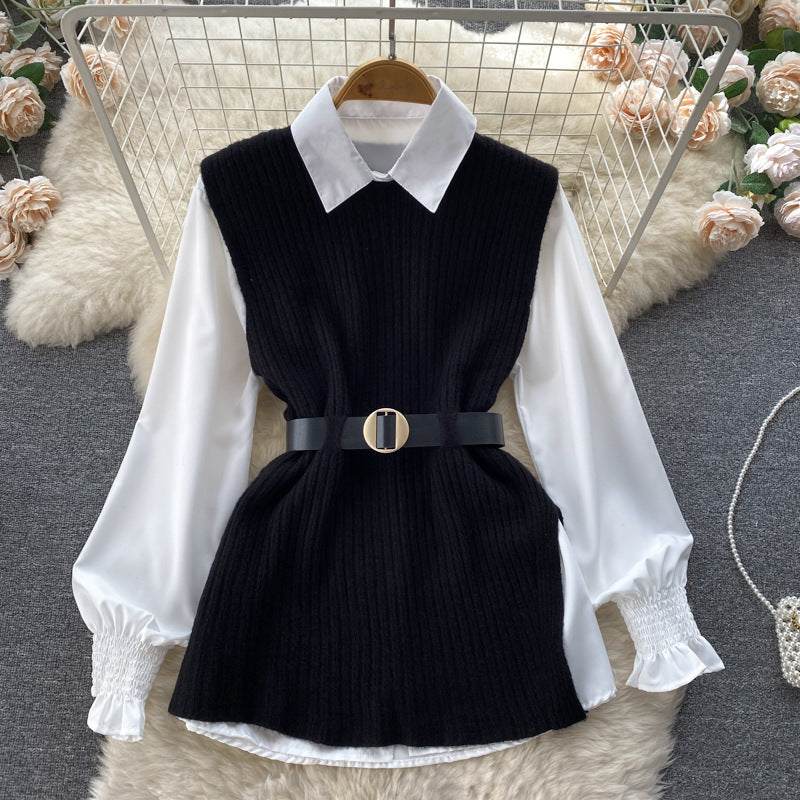 Luxury chic women's set: relaxed fit long sleeve white blouse top + slit knit vest two-piece fashion outfit
