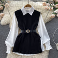 Luxury chic women's set: relaxed fit long sleeve white blouse top + slit knit vest two-piece fashion outfit