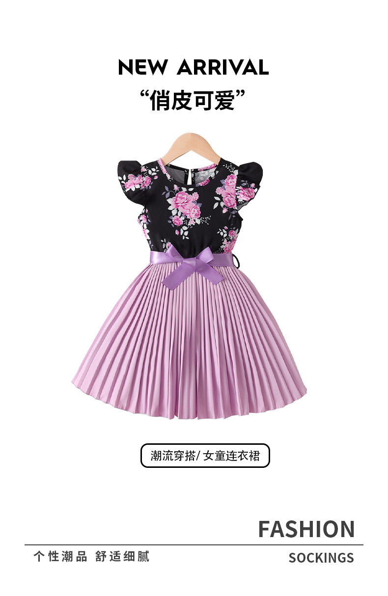 girls' dress: purple pleated skirt with black flutter sleeve top, floral print spring/summer dress