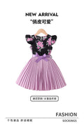 girls' dress: purple pleated skirt with black flutter sleeve top, floral print spring/summer dress