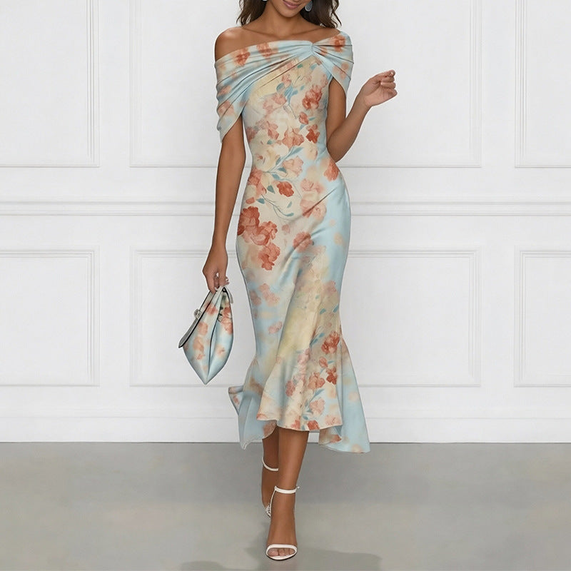 european and american women's summer new arrivals: elegant off-the-shoulder short sleeve printed maxi dress