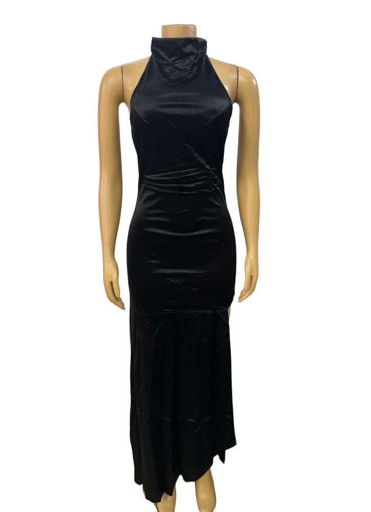 Cross-border European and American new semi-turtleneck off-the-shoulder sexy hollowed-out halter lace-up hip-wrapped irregular dress women's clothing