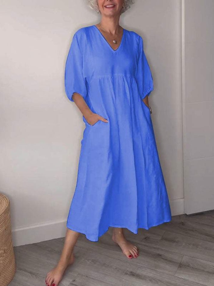 Amazon independent station fashion cross-border autum women's cotton and linen deep v neck pleated pure colorcasualflap pocket pantsdress