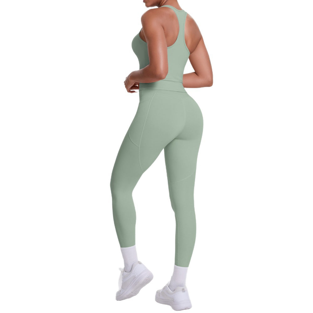 Naked-feel, form-fitting yoga set featuring a racerback design, high-waisted leggings with butt-lifting effect, and pockets. perfect for outdoor activities, casual wear, running, and gym workouts