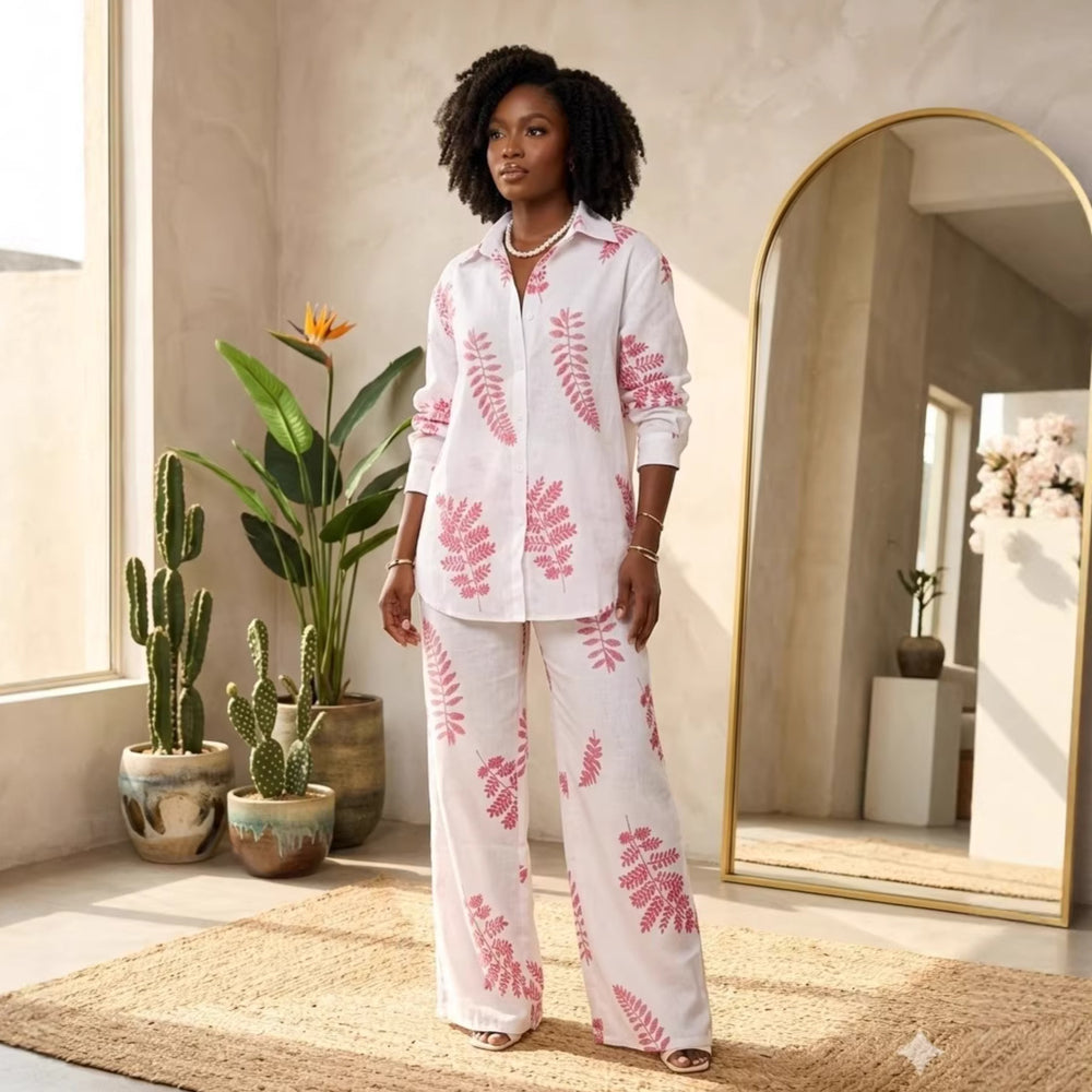 European and american cross-border women's fashion:  spring new collection - stylish turn-down collar printed loose-fit shirt and wide-leg trousers casual set