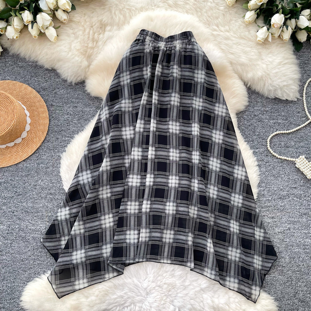 Vintage plaid patchwork a-line midi skirt - women's summer high-waisted slimming commute skirt with elastic waistband