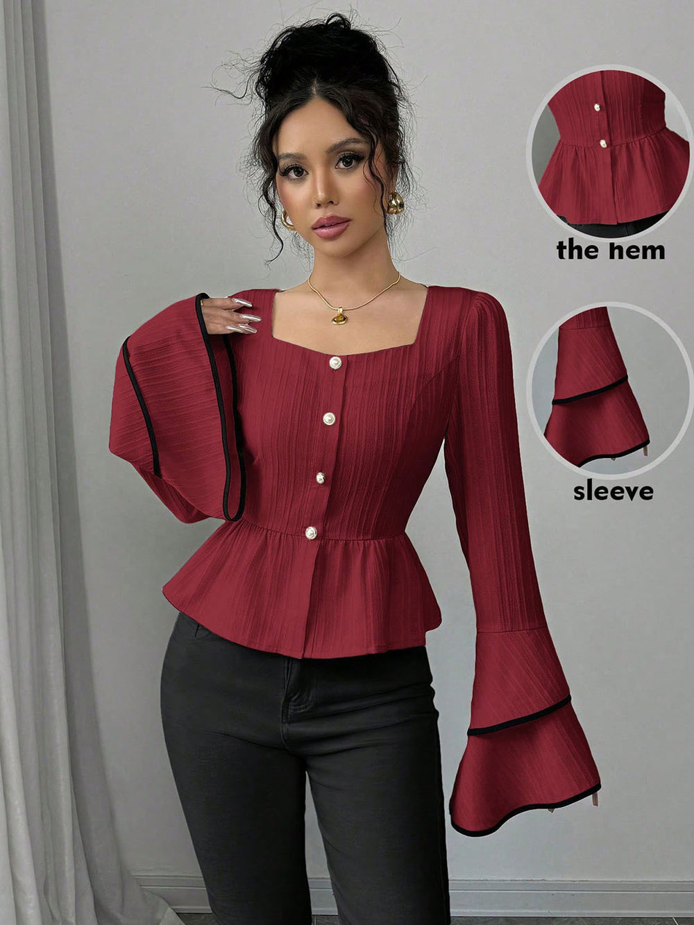atmosphere burgundy shirt square collar single-breasted ruffle waist contrasting color hemmed large bell sleeves small top