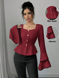 atmosphere burgundy shirt square collar single-breasted ruffle waist contrasting color hemmed large bell sleeves small top