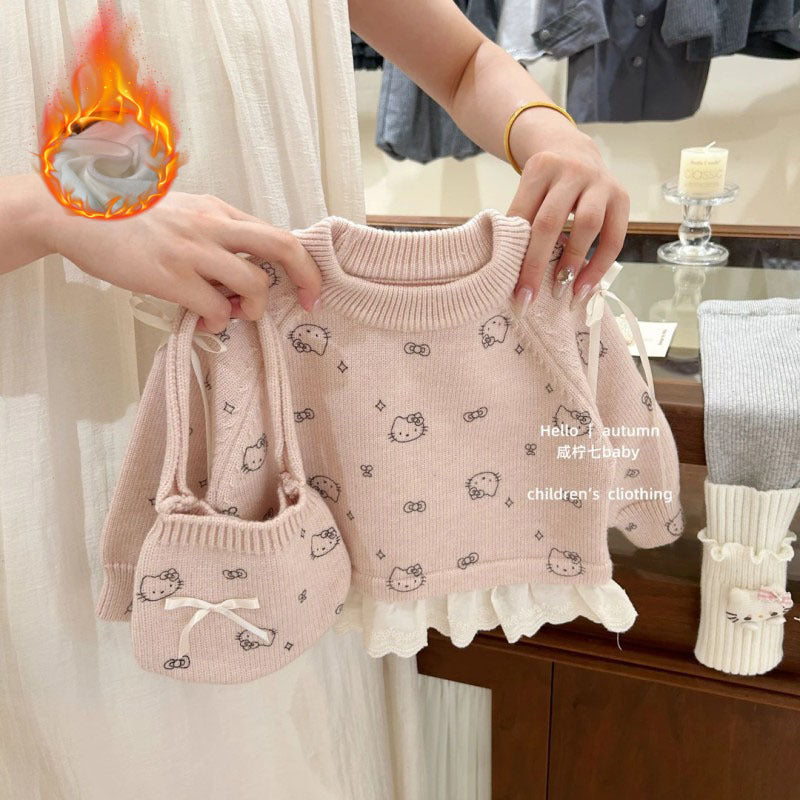 Girls' winter outfit : new korean style all-over print hello kitty pullover cartoon sweater and fleece-lined leggings two-piece set