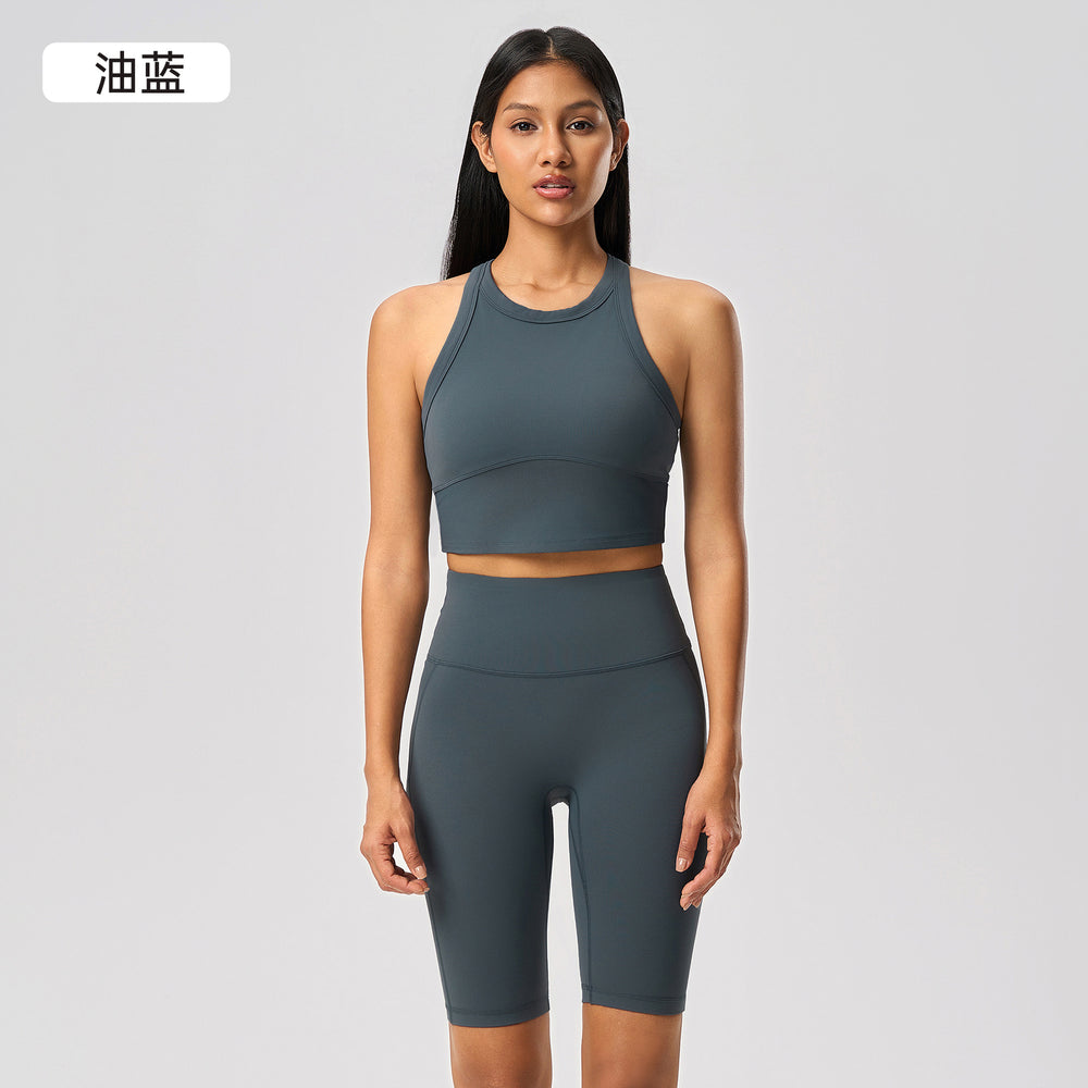 Short sleeveless sports vest women's nude stretch fixed cup high round neck fitness yoga clothes topsd25030