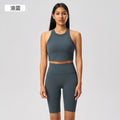 Short sleeveless sports vest women's nude stretch fixed cup high round neck fitness yoga clothes topsd25030
