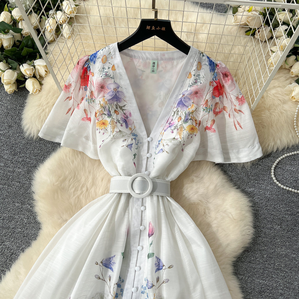 French dress women's  spring elegance deep v neck single breasted small flying sleeves waist large swing printing vacation long skirt