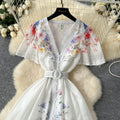 French dress women's  spring elegance deep v neck single breasted small flying sleeves waist large swing printing vacation long skirt