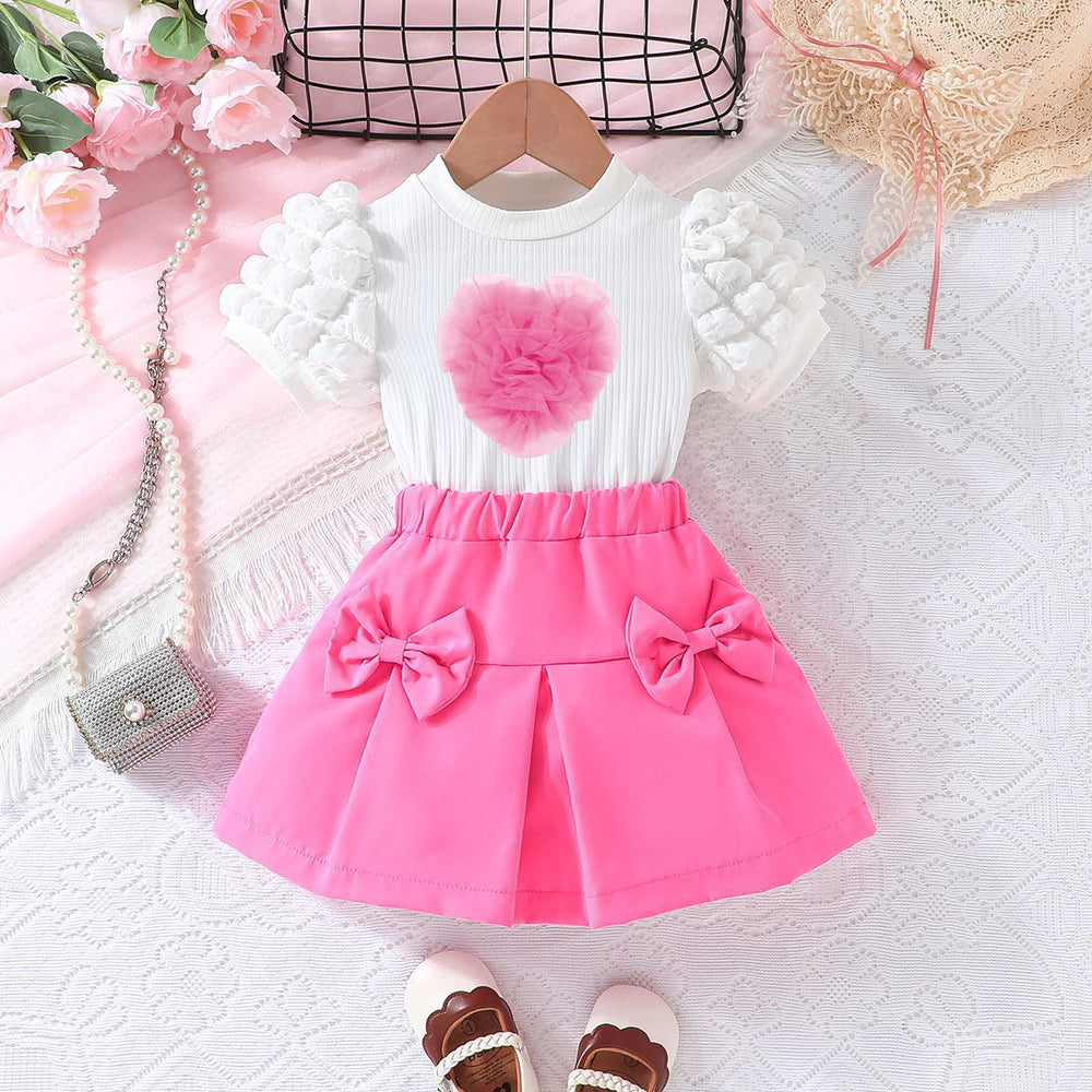 new european and american style girls' bubble sleeve top with heart-shaped bowknot skirt set - fashionable outfit