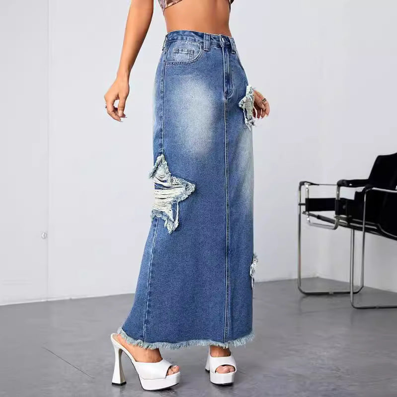 Export denim skirt new arrival hot-selling raw edge washed skirt slit star denim skirt
