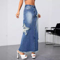 Export denim skirt new arrival hot-selling raw edge washed skirt slit star denim skirt