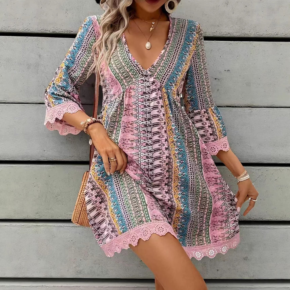 Amazon foreign trade women's loose v-neck printed european and american casual lace trim bohemian style dress