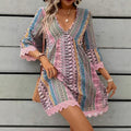 Amazon foreign trade women's loose v-neck printed european and american casual lace trim bohemian style dress