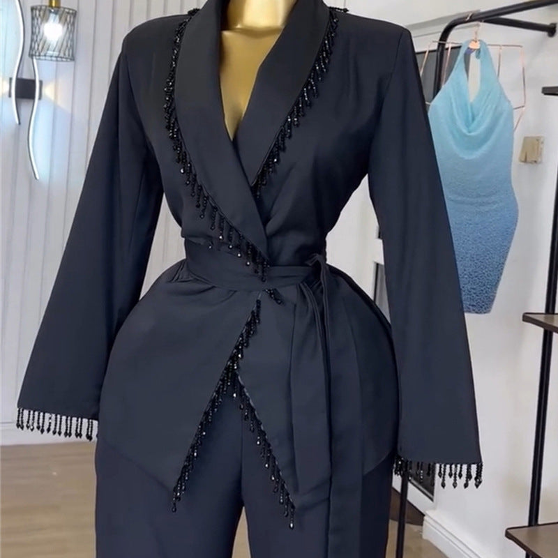 European and american cross-border women's fashion:  autumn/winter new collection - statement blazer with heavy-duty tie detail and wide-leg trousers set