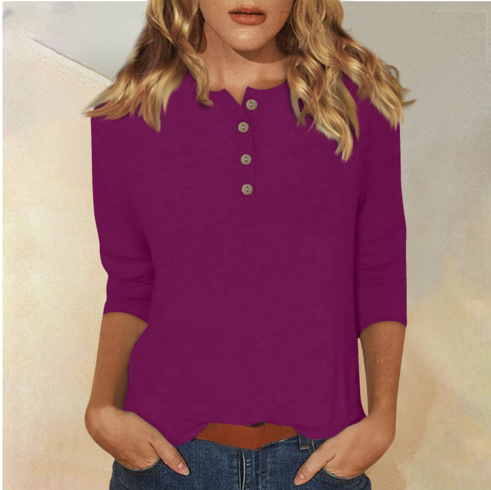 cross-border  women's fashion casual three-quarter sleeve solid color button-down crew neck t-shirt top