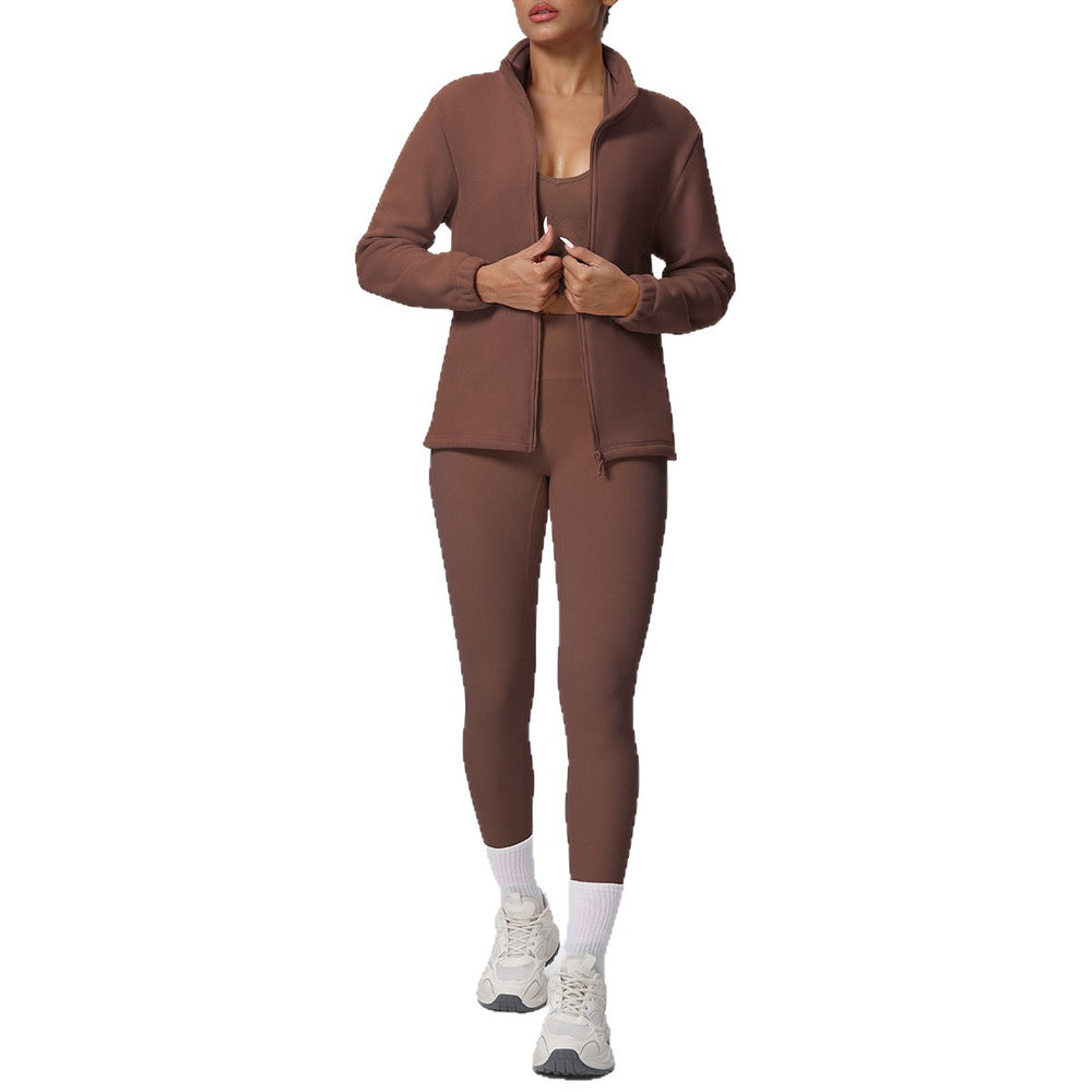 New arrival: solid color fleece-lined stand collar zip-up jacket and pants yoga set - two-piece activewear for running and fitness