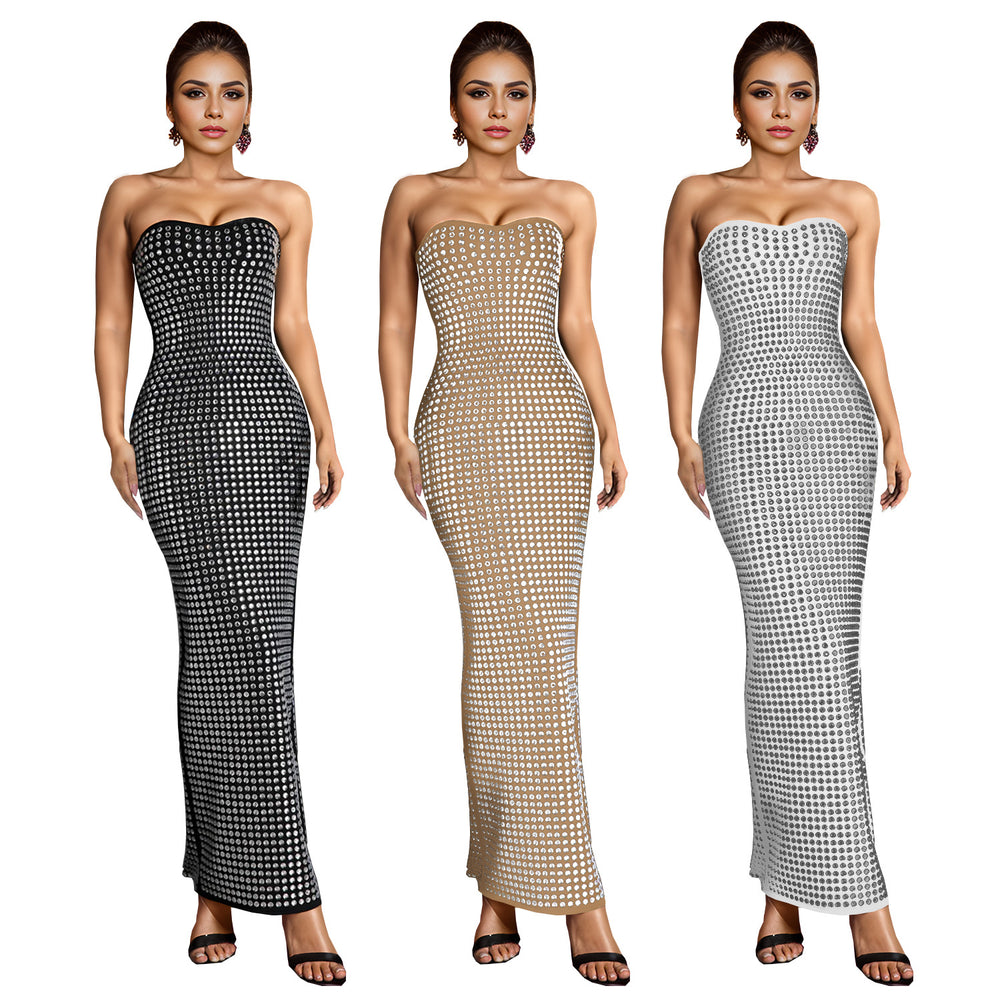 C7162 cross-border   fashion women's off-shoulder rhinestone bodycon slit bodycon dress