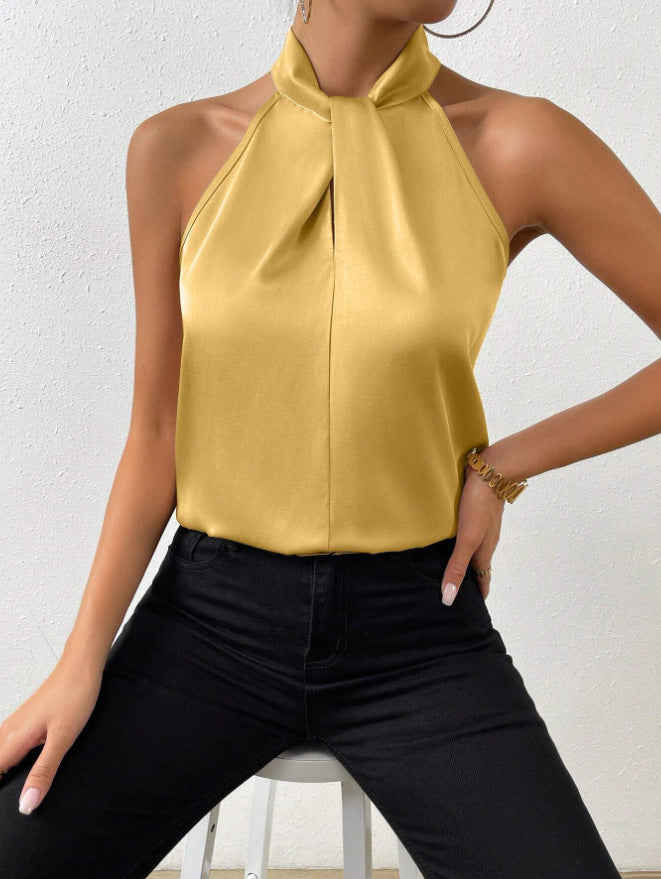 summer new arrivals: european and american style satin halter neck sleeveless tank top, faux silk satin top - ready stock wholesale