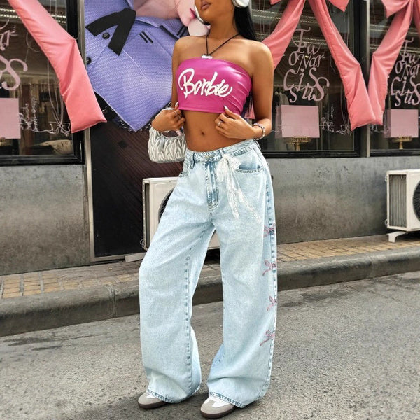 ATC010488 #European and American   Women's Loose Bow Embroidered Casual Trousers Jeans