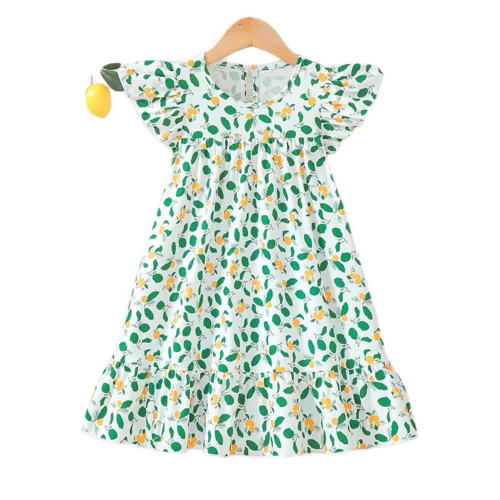 girls' dress - flutter sleeve sundress with lemon print - summer vacation style - chic a-line maxi dress for kids