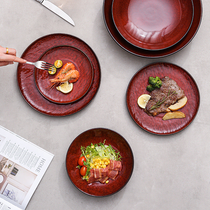Nordicinsclassy hotel tableware ceramic bowl and plate combination burgundy restaurant for home embossed display plate