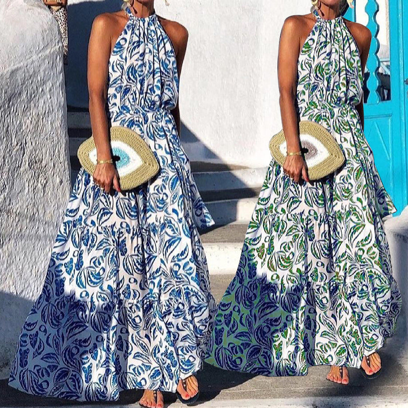 Ready-to-ship  summer new arrival: cross-border women's fashion sleeveless midi halter neck vacation print dress
