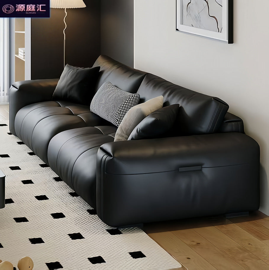 Italian minimalist genuine leather sofa, perfect for small apartments. black, top-grain cowhide, straight-row, high-end leather sofa for home living rooms