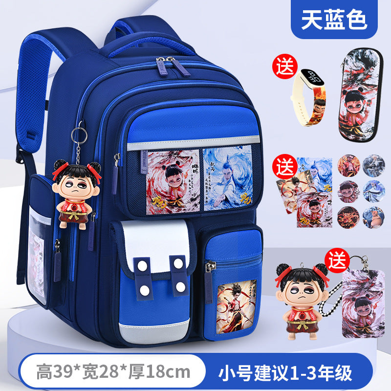 New nezha backpack for boys and girls, grades 1-6: spine protection, lightweight design, and extra-large capacity