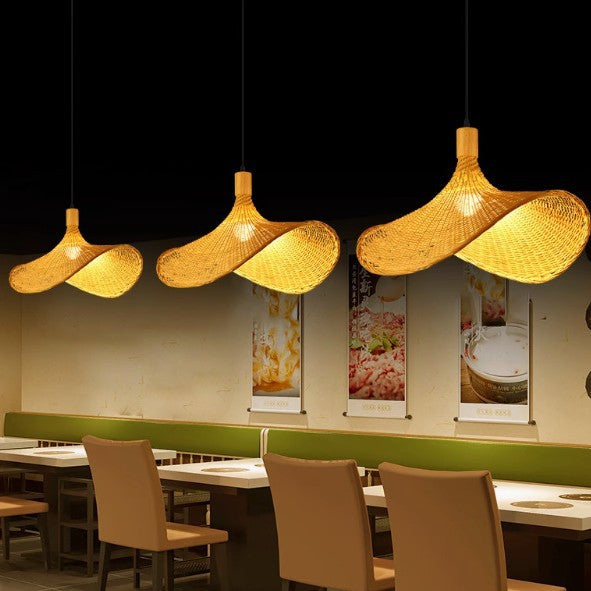 Cross-border Bamboo Chandelier New Chinese Tea Room Rattan Art South East Asia Japanese Lighting Straw Hat Light Tea House Antique Lampshade